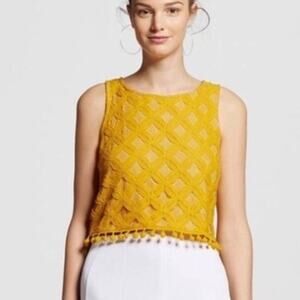 Xhilaration Women’s Mustard Yellow Lace Crop Top Pom Pom Hem Sleeveless Medium